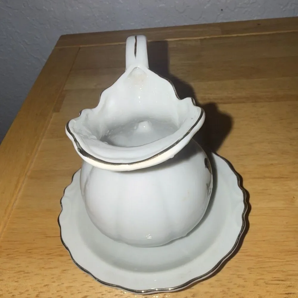 Vintage White Glossy Ceramic Bird Pitcher & Matching Bowl 2pc Set, Made in Japan